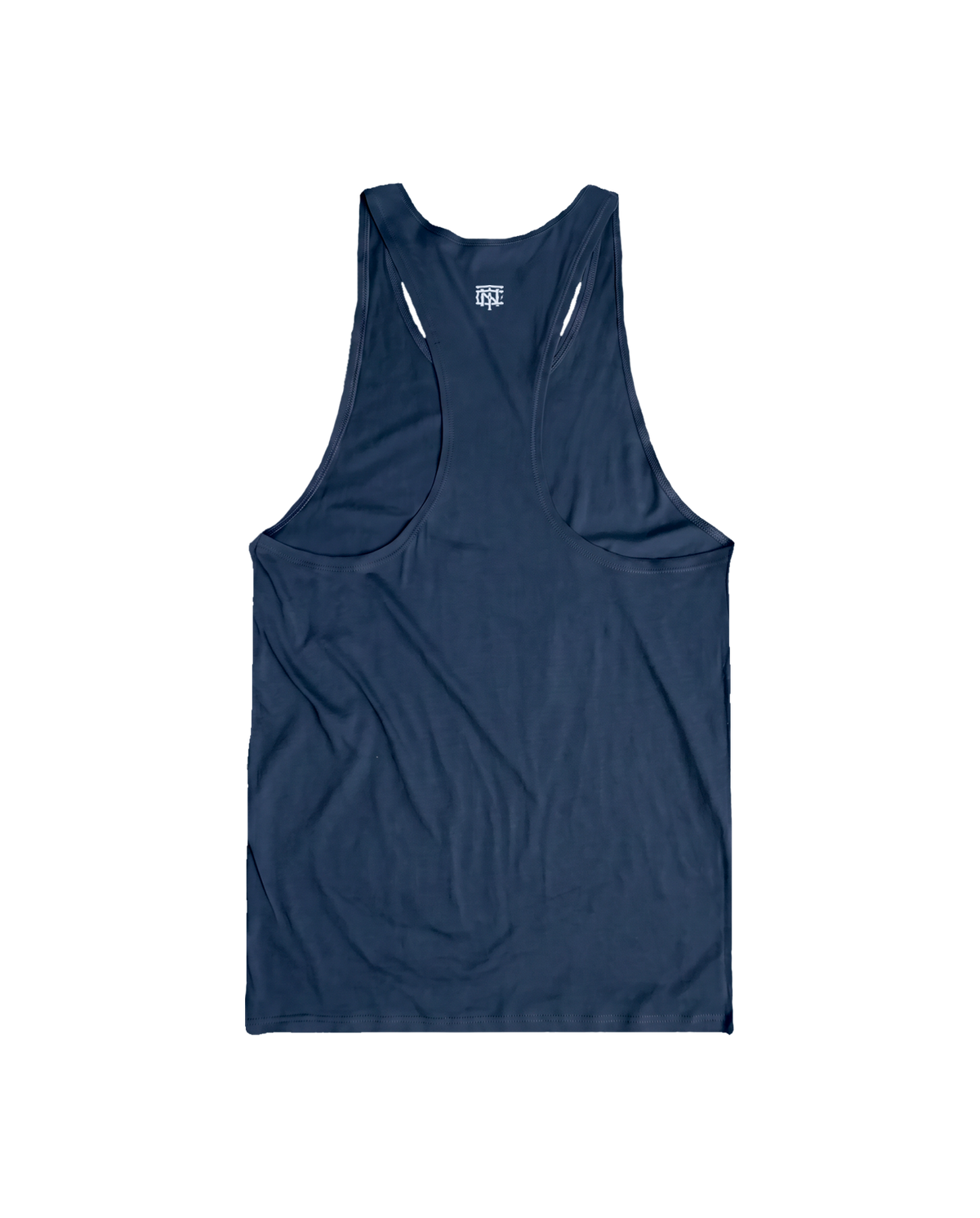 Training Dept. triblend tank top in french navy heather — open back with the TN monogram at the neck — Vista 5
