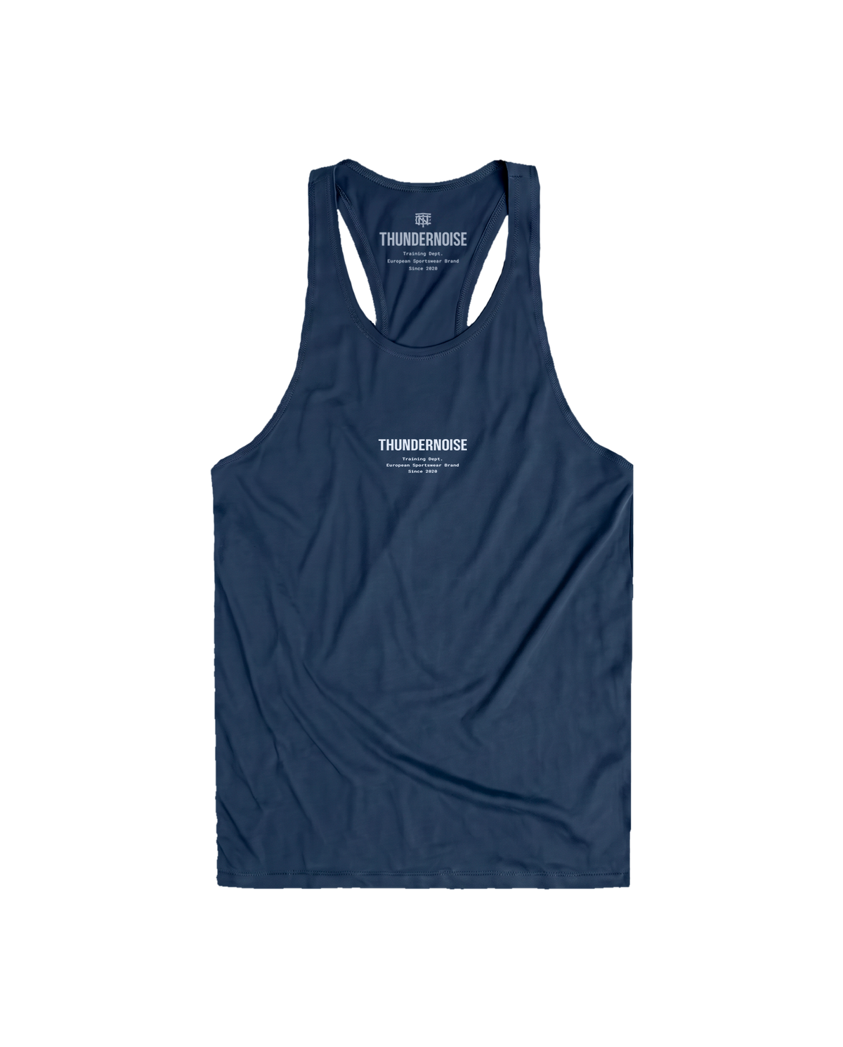 Training Dept. triblend tank top in french navy heather — front with the THUNDERNOISE wordmark over the Training Dept. line at the chest — Vista 1
